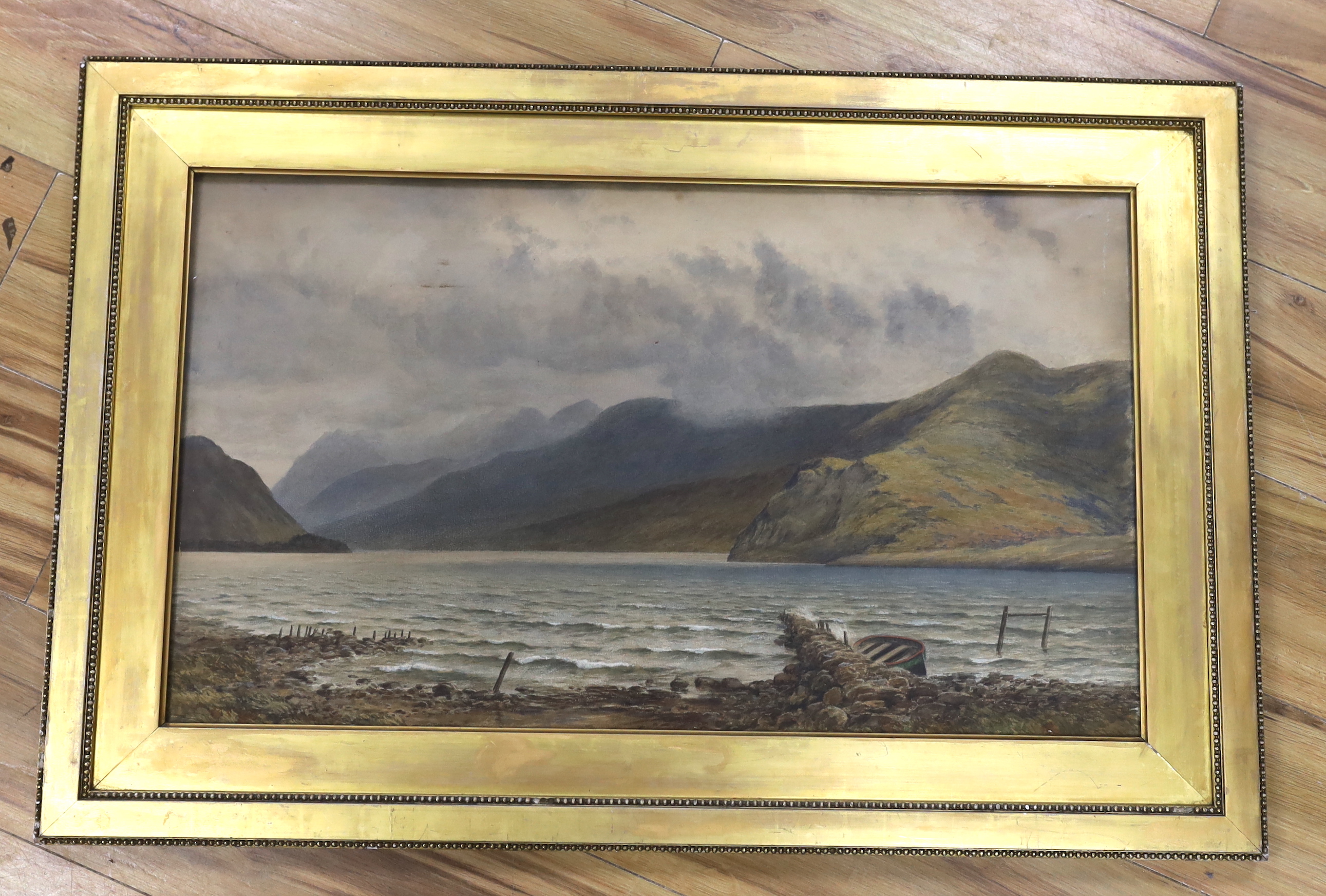 Herbert Moxon Cook (1844-1928), watercolour, Mountainous lakeside landscape, signed, inscribed in ink verso, 42 x 74cm